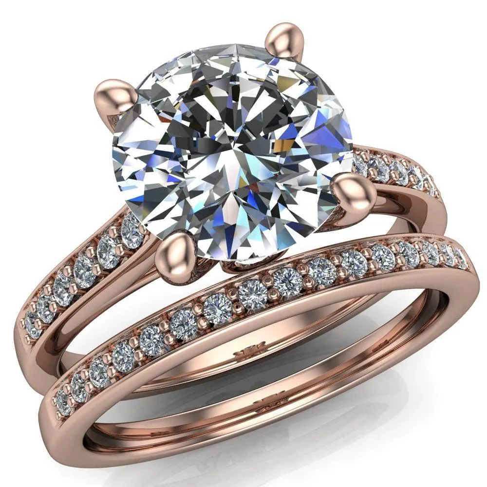 Carlie Round Center Stone 4 V Shaped Prongs with Diamonds Cathedral Diamond Solitaire Ring