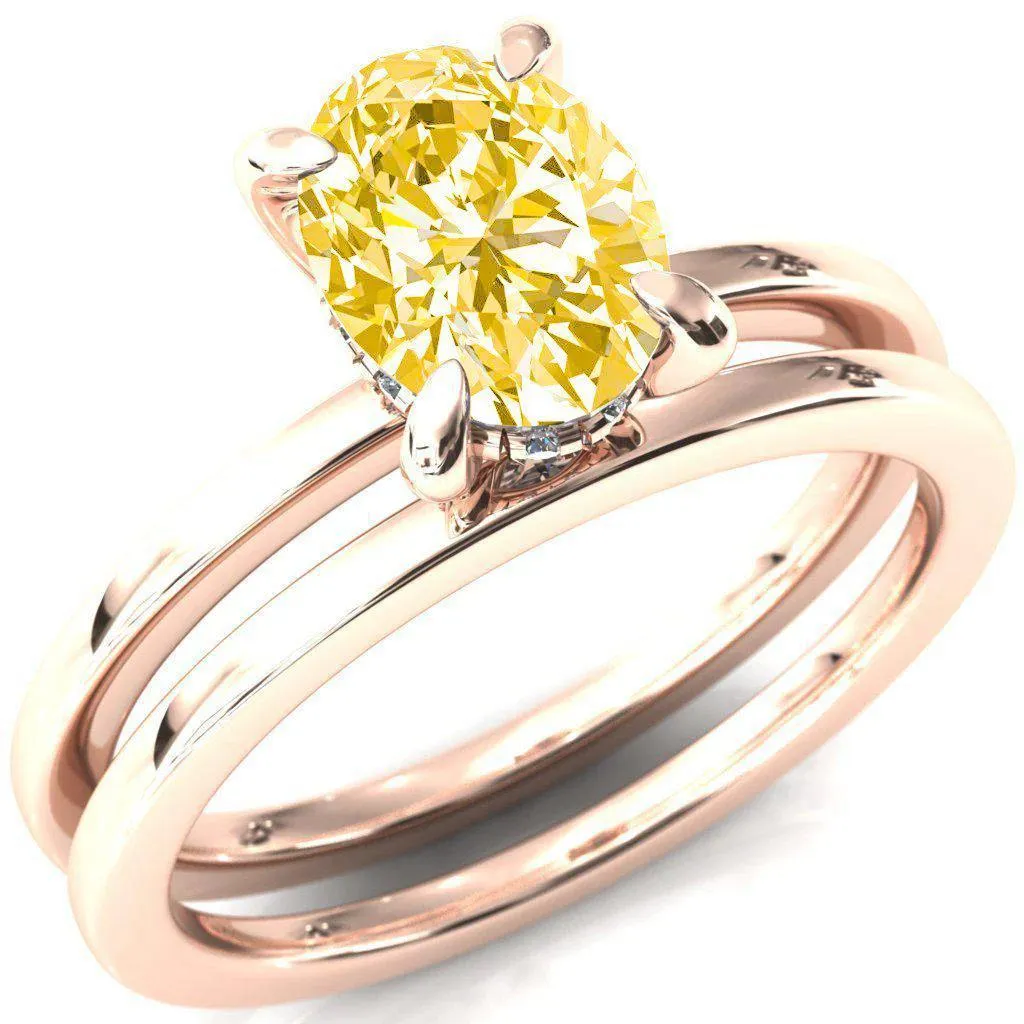 Carmeli Oval Canary Yellow 4 Claw Prong Micro Pave Diamond Rail Engagement Ring