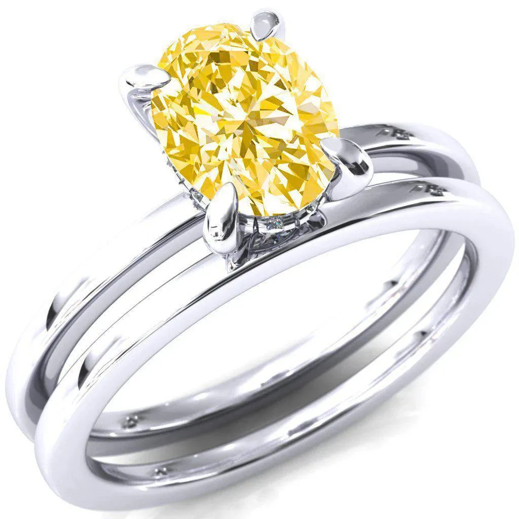 Carmeli Oval Canary Yellow 4 Claw Prong Micro Pave Diamond Rail Engagement Ring