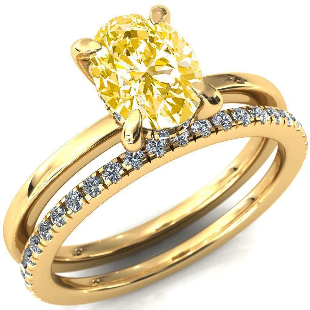 Carmeli Oval Canary Yellow 4 Claw Prong Micro Pave Diamond Rail Engagement Ring