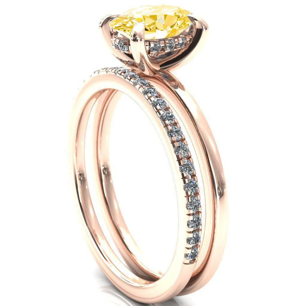 Carmeli Oval Canary Yellow 4 Claw Prong Micro Pave Diamond Rail Engagement Ring