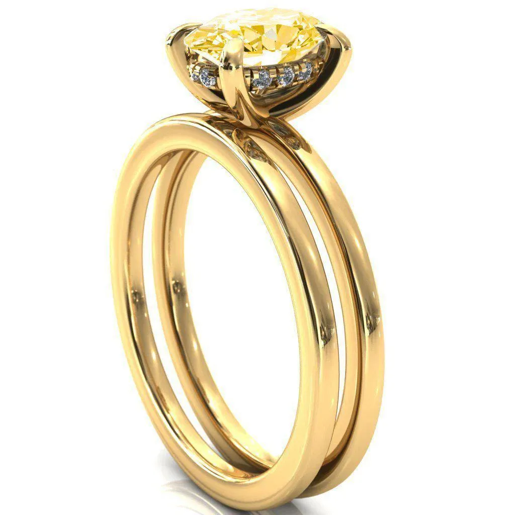 Carmeli Oval Canary Yellow 4 Claw Prong Micro Pave Diamond Rail Engagement Ring