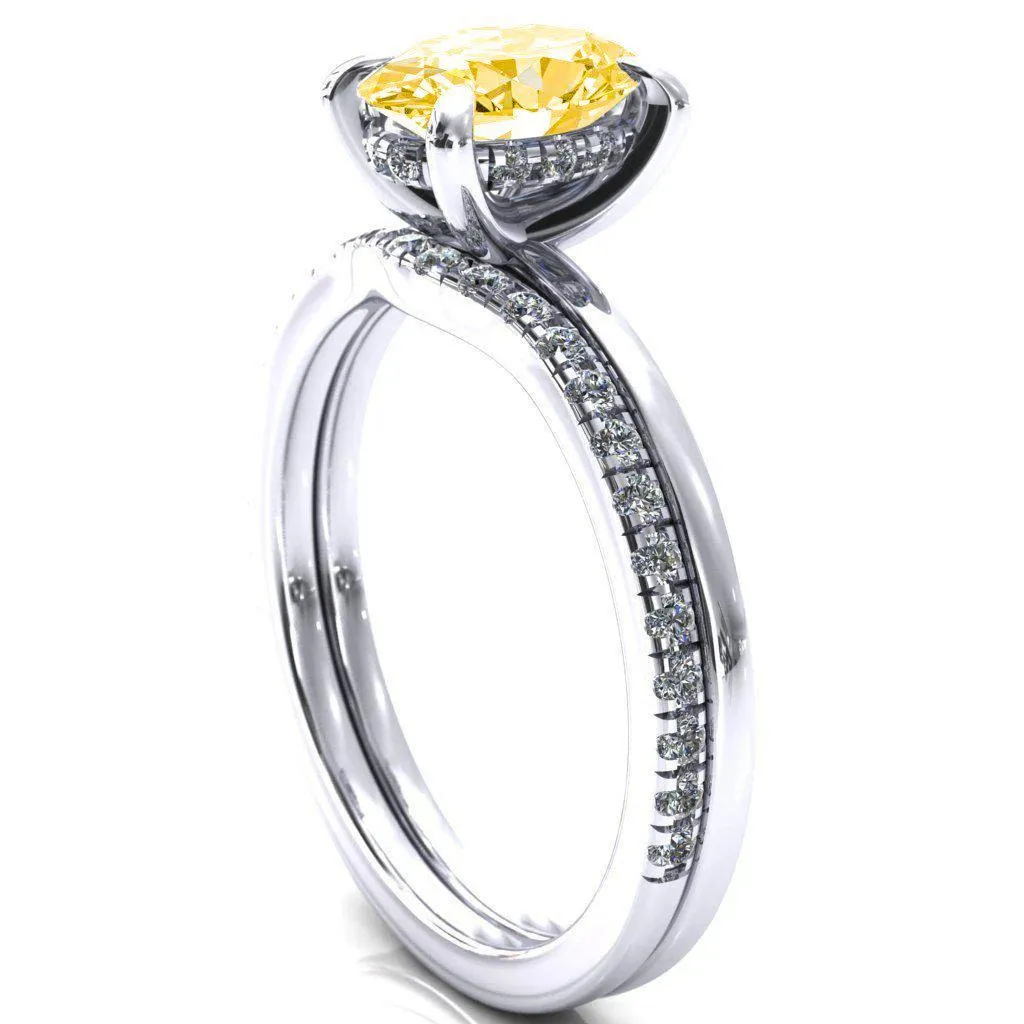 Carmeli Oval Canary Yellow 4 Claw Prong Micro Pave Diamond Rail Engagement Ring