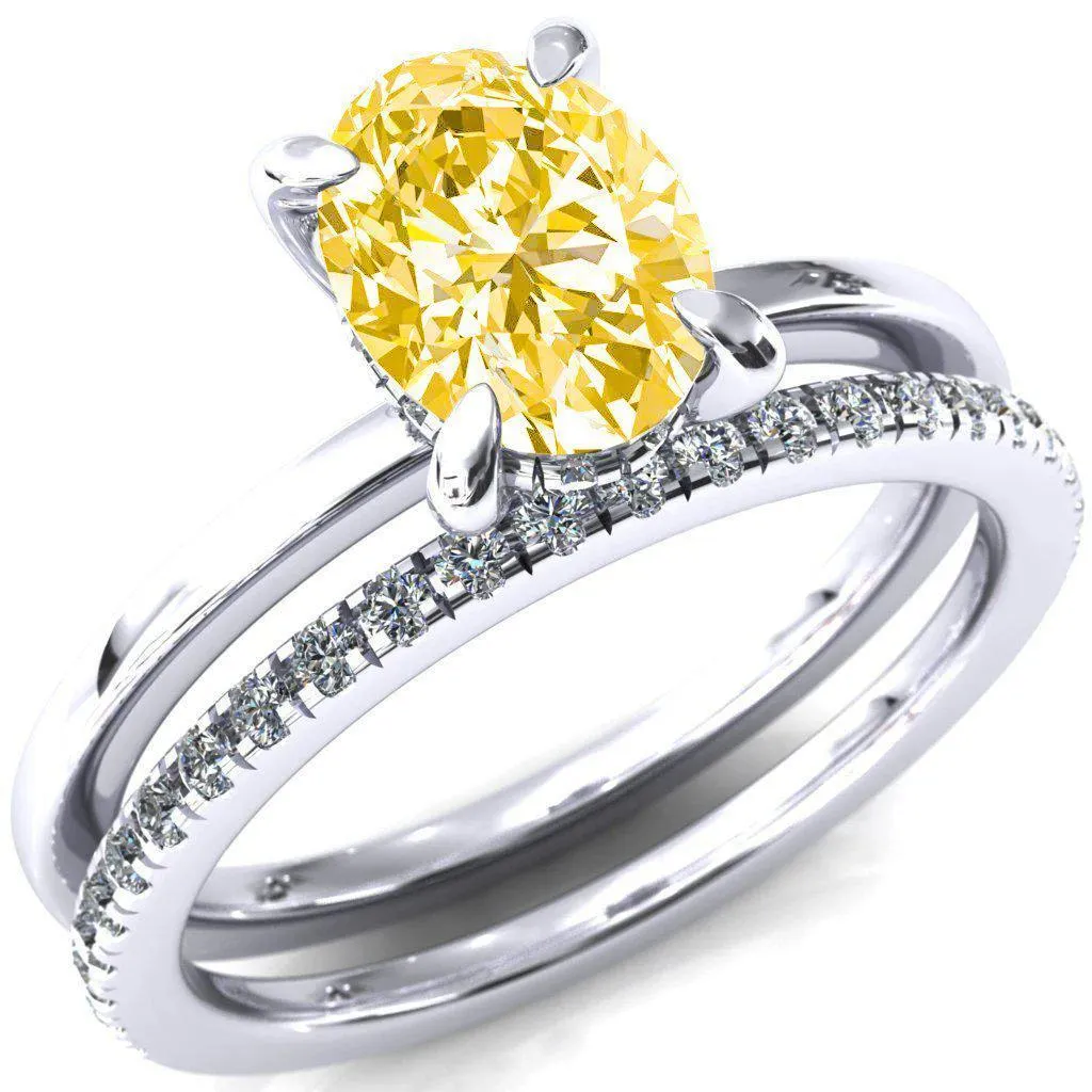 Carmeli Oval Canary Yellow 4 Claw Prong Micro Pave Diamond Rail Engagement Ring