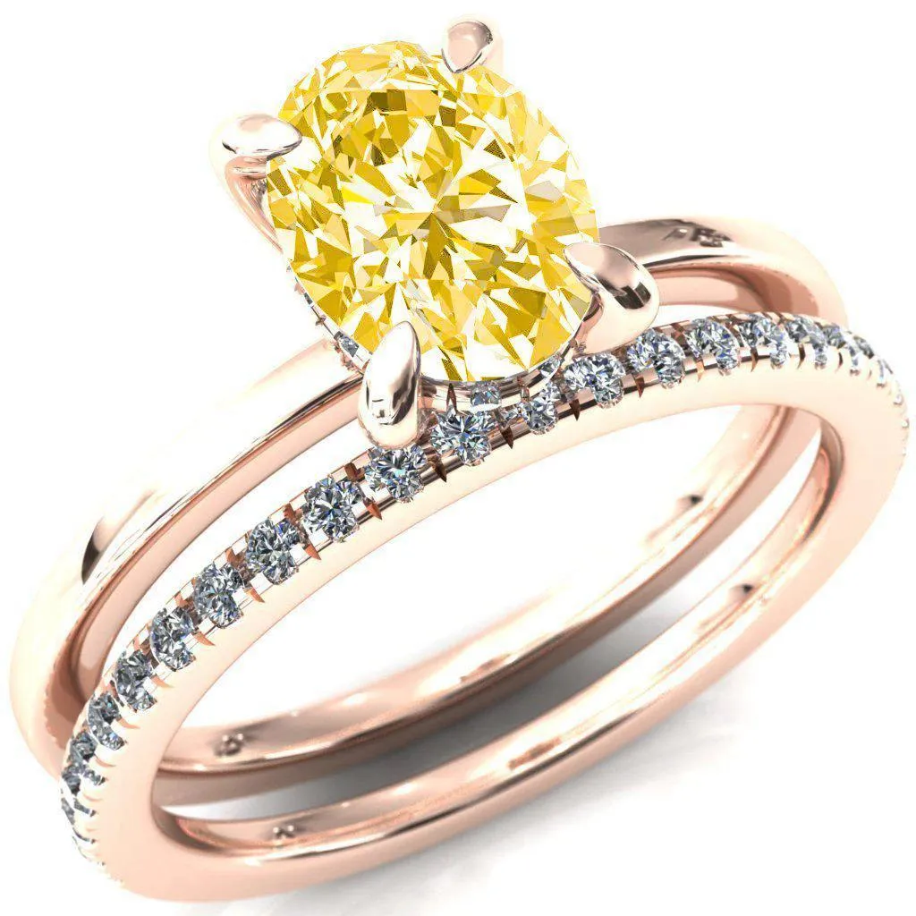 Carmeli Oval Canary Yellow 4 Claw Prong Micro Pave Diamond Rail Engagement Ring
