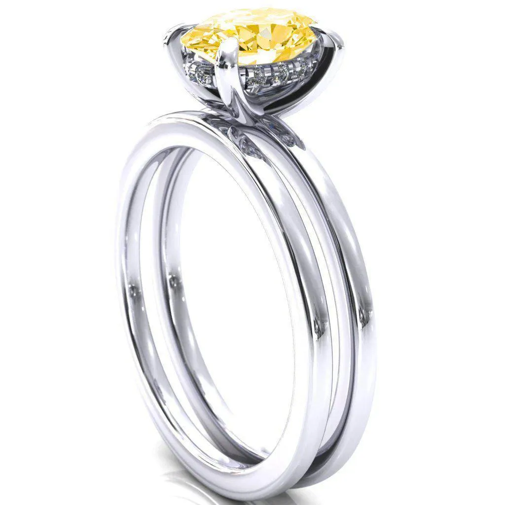 Carmeli Oval Canary Yellow 4 Claw Prong Micro Pave Diamond Rail Engagement Ring