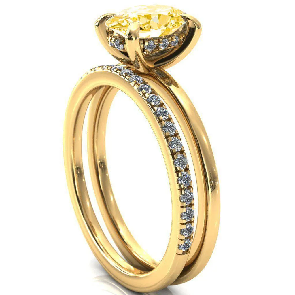 Carmeli Oval Canary Yellow 4 Claw Prong Micro Pave Diamond Rail Engagement Ring
