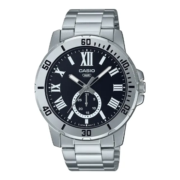 Casio Silver Stainless Steel Black Dial Quartz Watch for Gents - MTP-VD200D-1BUDF