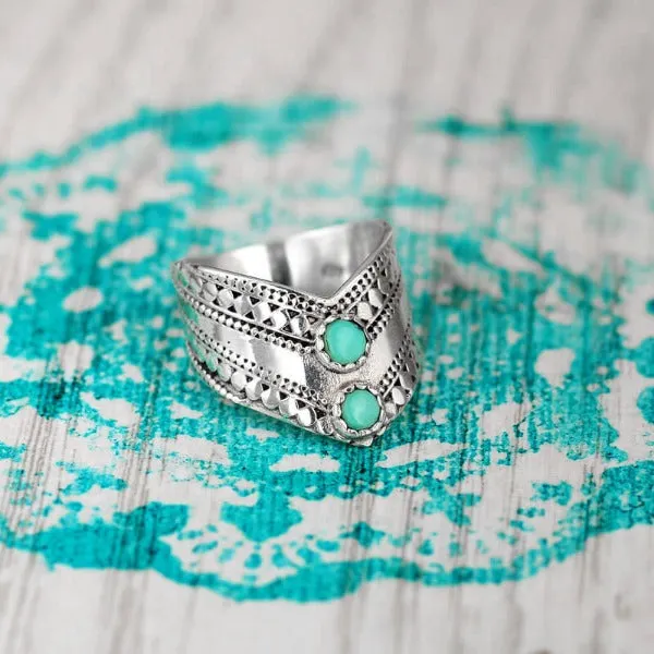 Chevron Boho Ring with Green Turquoise Sterling Silver