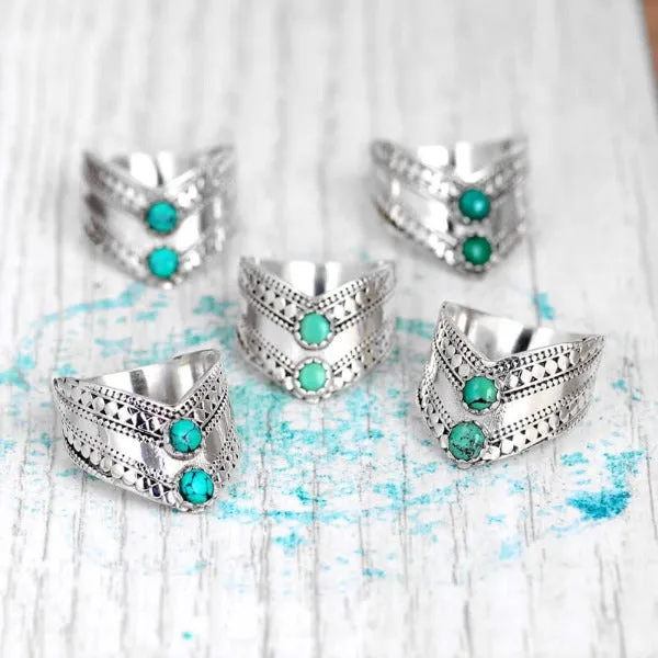 Chevron Boho Ring with Green Turquoise Sterling Silver