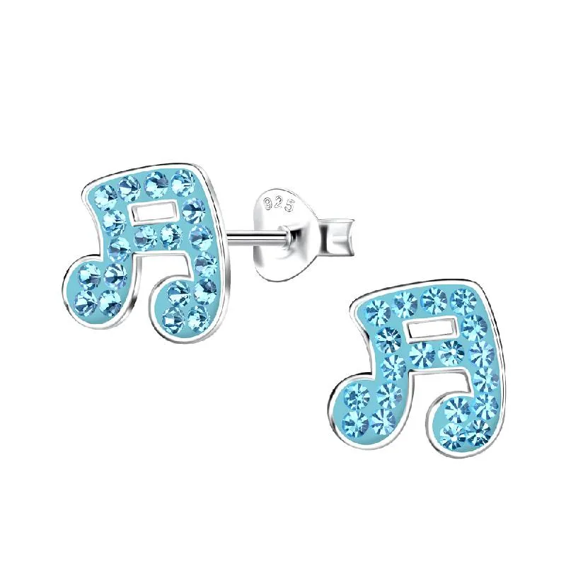 Children's Sterling Silver 'Blue Sparkle Music Notes' Crystal Stud Earrings