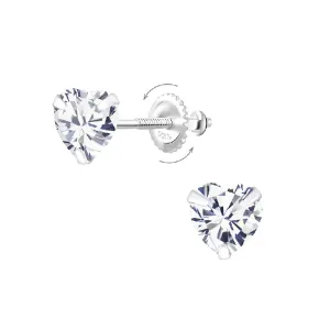 Children's Sterling Silver 'Clear Crystal Heart' Screw Back Stud Earrings