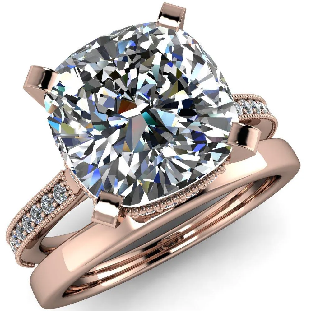 Christine Cushion Center Stone Half Eternity Milgrain Cathedral Setting Ring