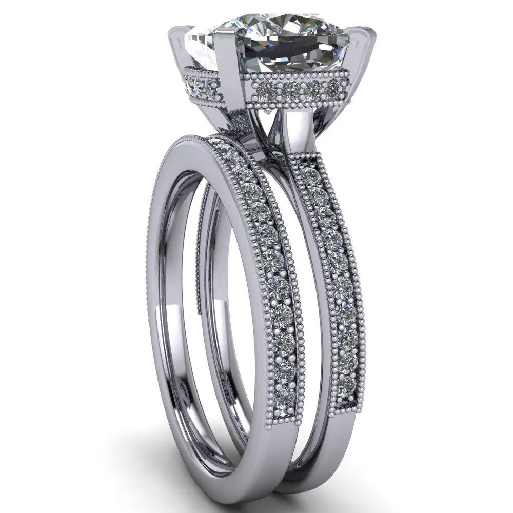 Christine Cushion Center Stone Half Eternity Milgrain Cathedral Setting Ring