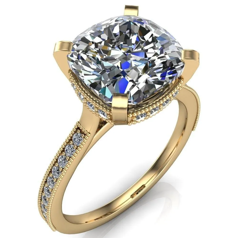 Christine Cushion Center Stone Half Eternity Milgrain Cathedral Setting Ring