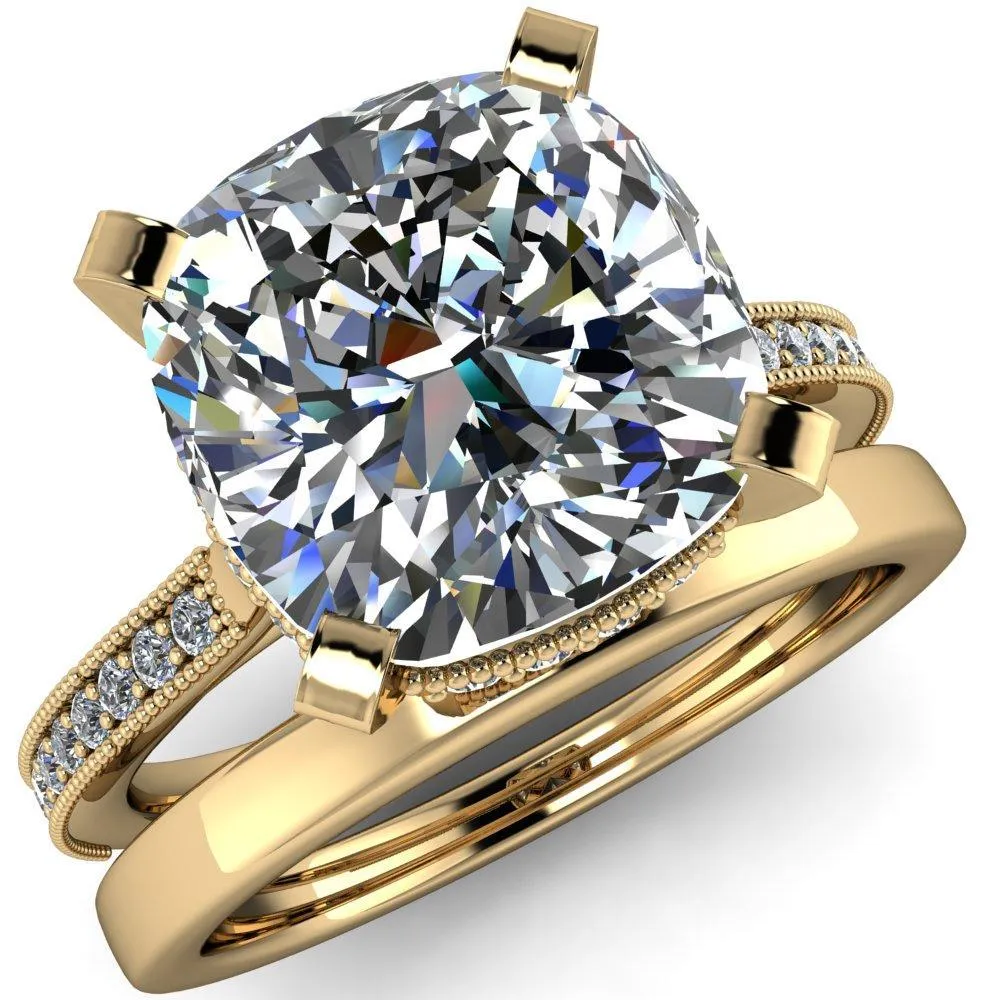 Christine Cushion Center Stone Half Eternity Milgrain Cathedral Setting Ring