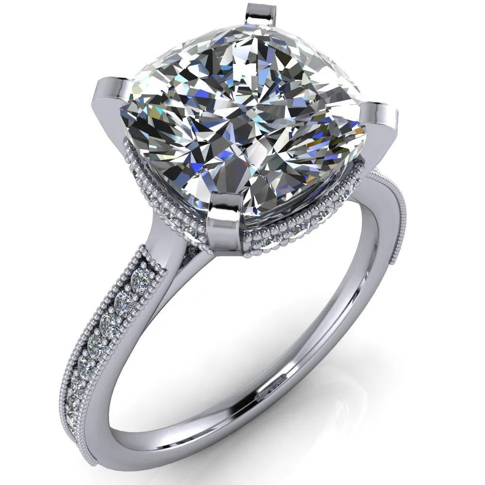 Christine Cushion Center Stone Half Eternity Milgrain Cathedral Setting Ring