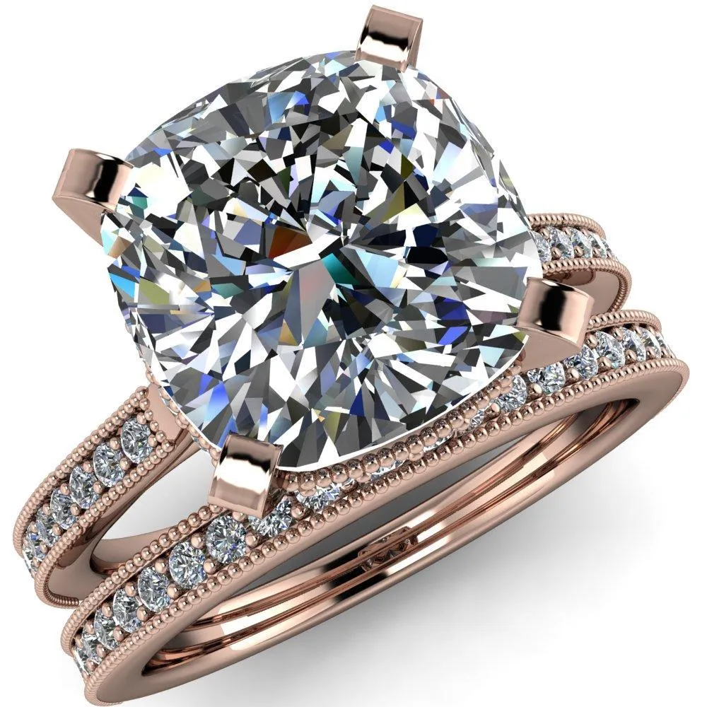 Christine Cushion Center Stone Half Eternity Milgrain Cathedral Setting Ring