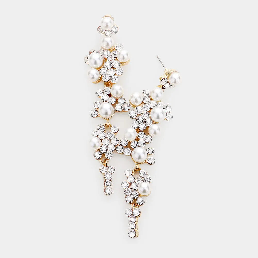 Clear Crystal & Cream Pearl Long Dangle Earrings  | 470688