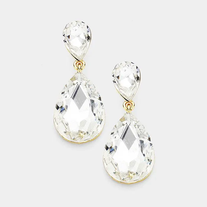 Clear Crystal Double Teardrop Gold Earrings