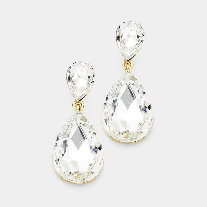 Clear Crystal Double Teardrop Gold Earrings