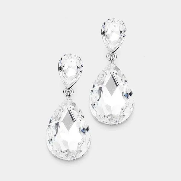 Clear Crystal Double Teardrop Silver Earrings