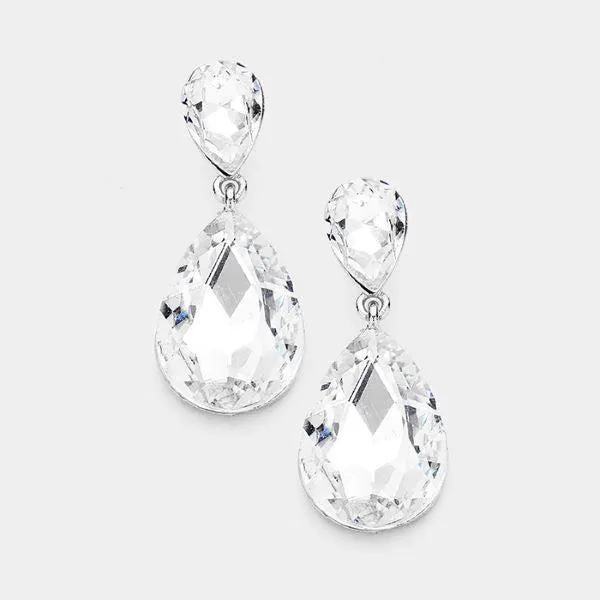 Clear Crystal Double Teardrop Silver Earrings