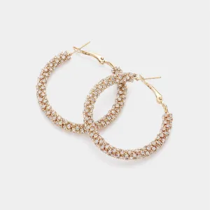 Clear Crystal Rhinestone Hoop Earrings on Gold  | 1.75" |  475477