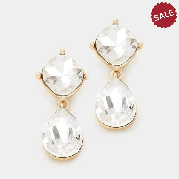 Clear Crystal Teardrop Gold Evening Earrings