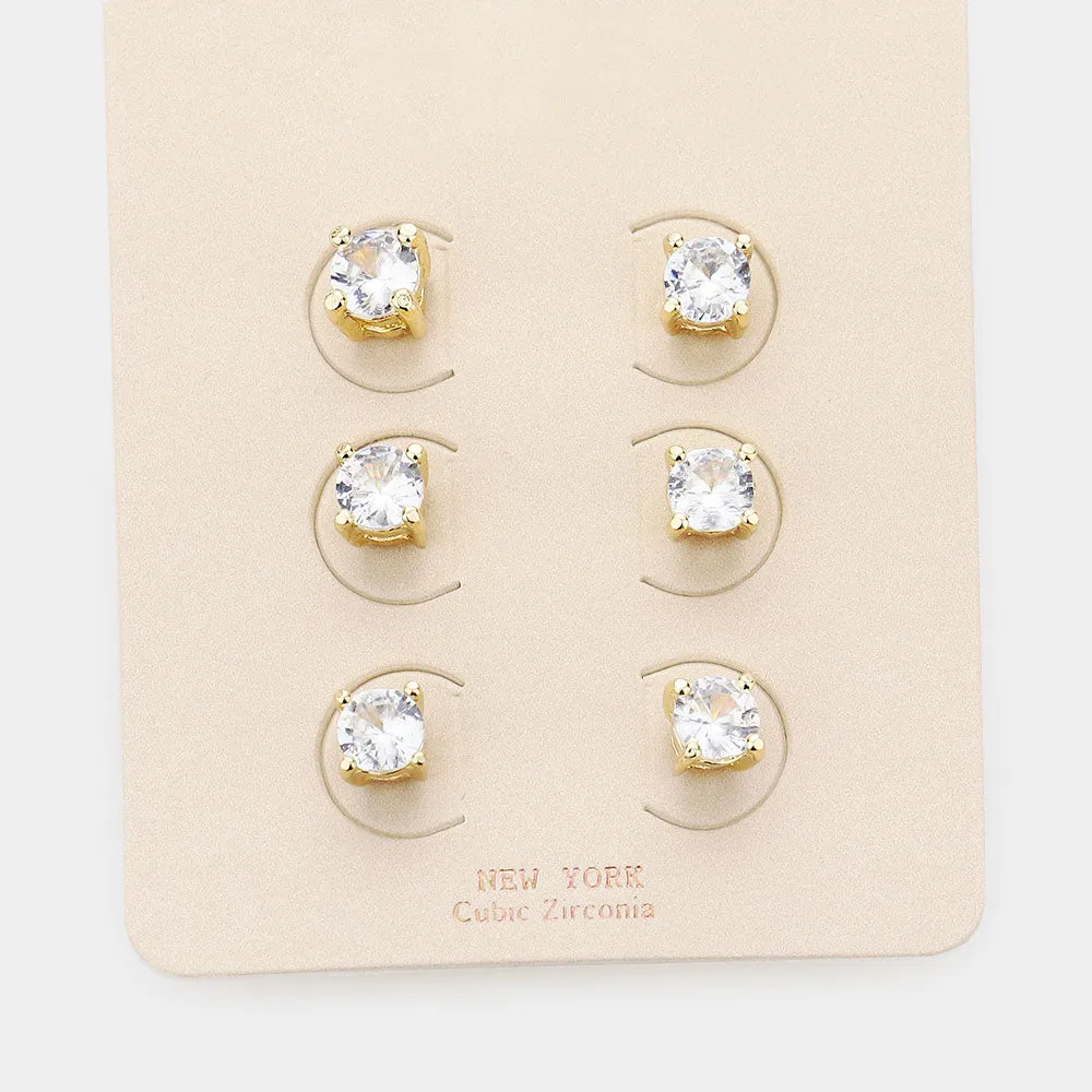 Clear Round Stone Stud Earrings on Gold - 3 pairs | 0.2" | 494538