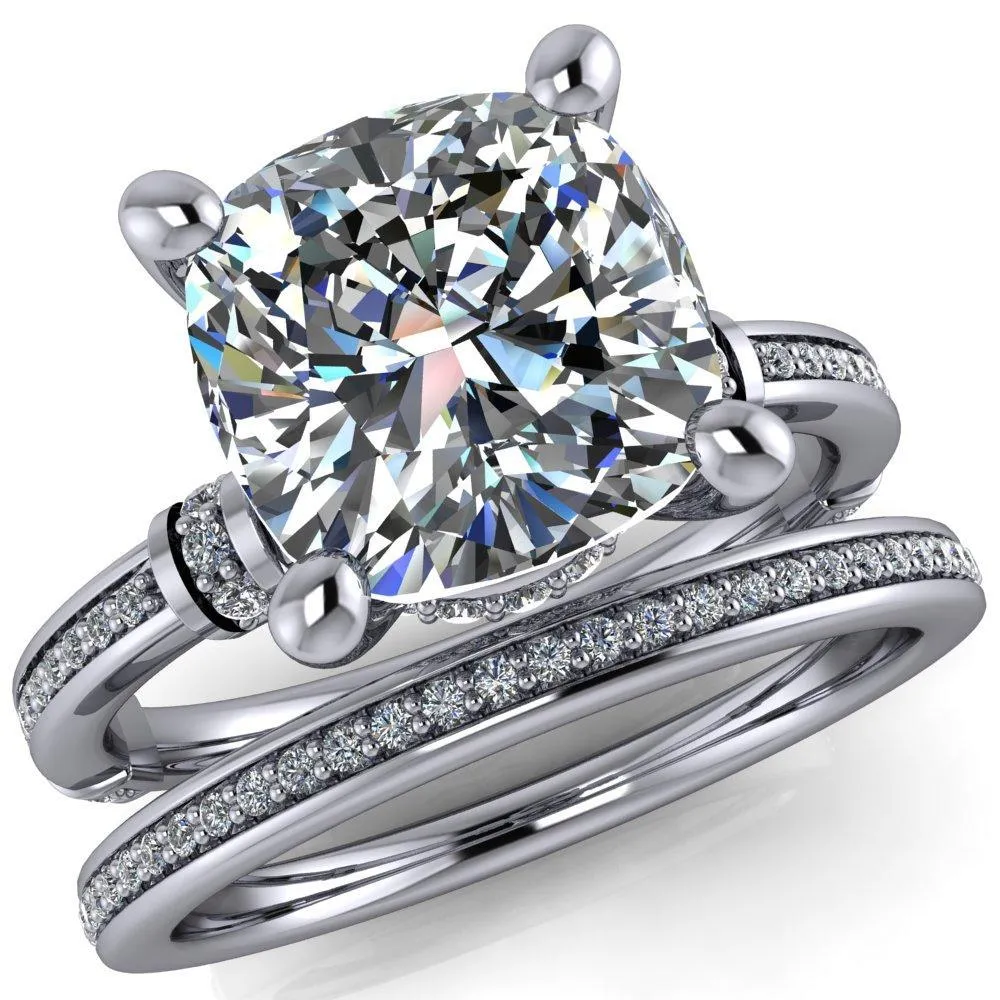Coco Cushion Center Stone 4 Prong Diamond Shoulder Channel Ring