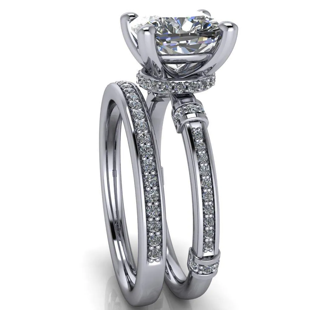 Coco Cushion Center Stone 4 Prong Diamond Shoulder Channel Ring