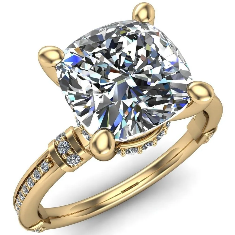 Coco Cushion Center Stone 4 Prong Diamond Shoulder Channel Ring