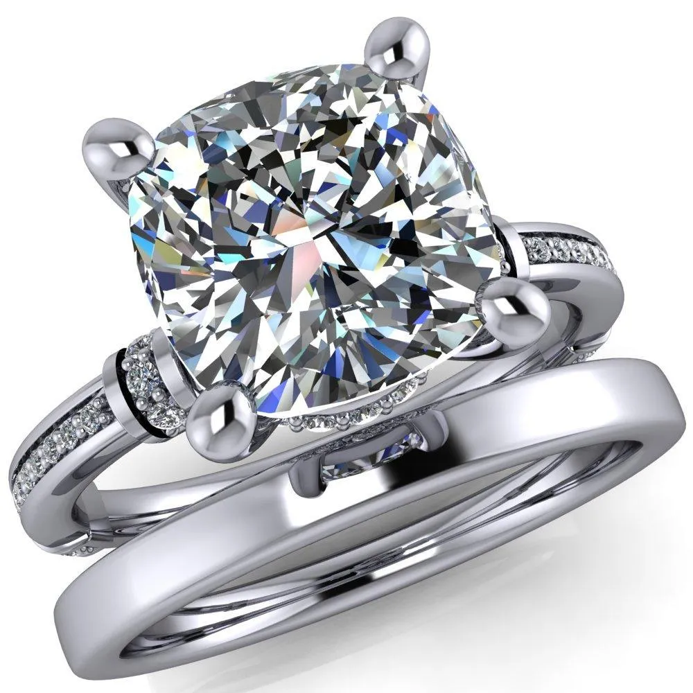 Coco Cushion Center Stone 4 Prong Diamond Shoulder Channel Ring