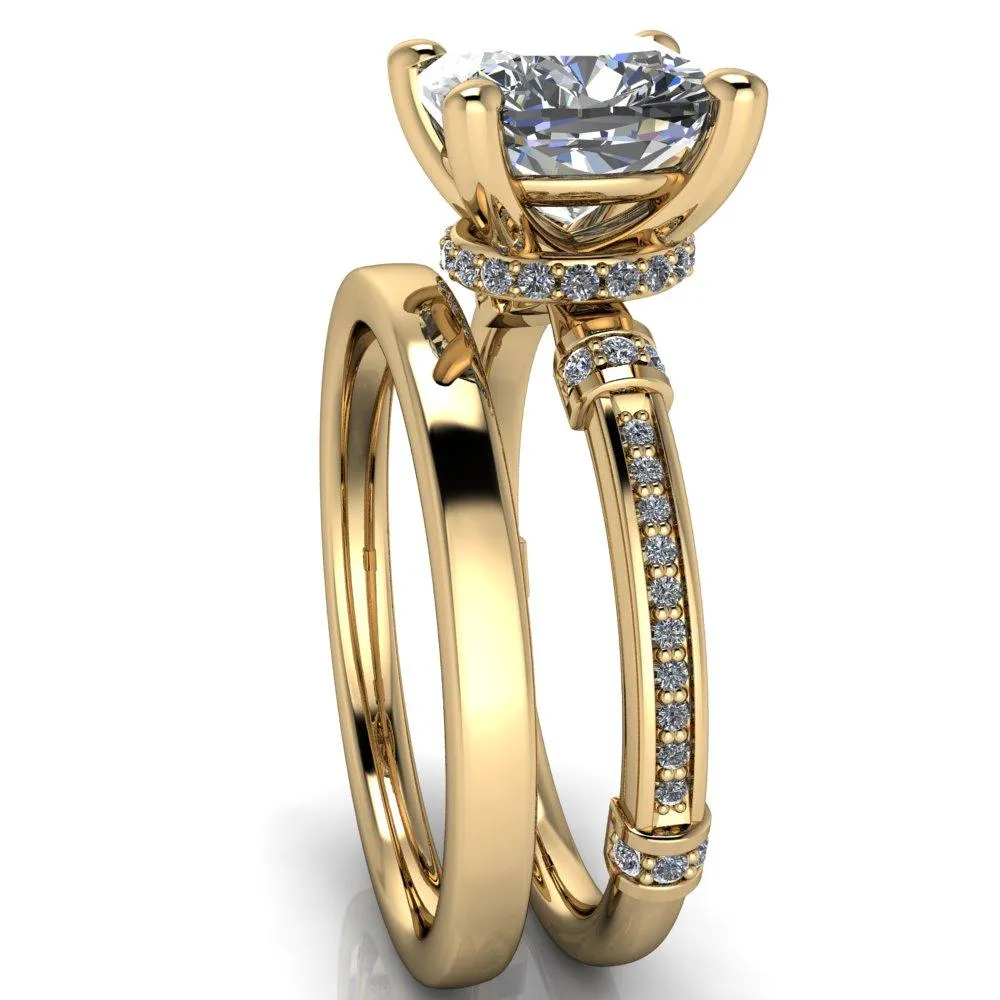 Coco Cushion Center Stone 4 Prong Diamond Shoulder Channel Ring