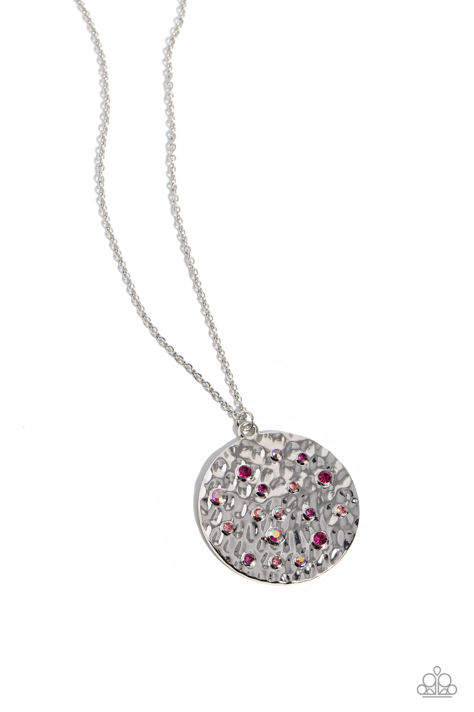 COMET Below - Pink - Rhinestone Hammered Silver Disc Paparazzi Long Necklace