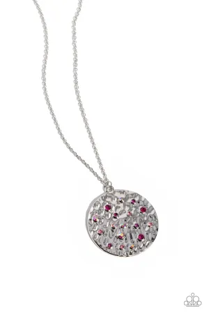 COMET Below - Pink - Rhinestone Hammered Silver Disc Paparazzi Long Necklace