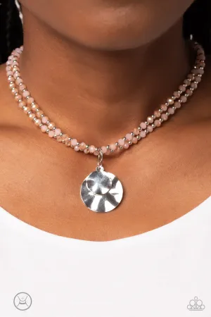 Compacted Cosmos - Pink - Faceted Bead Hammered Silver Disc Paparazzi Choker Necklace