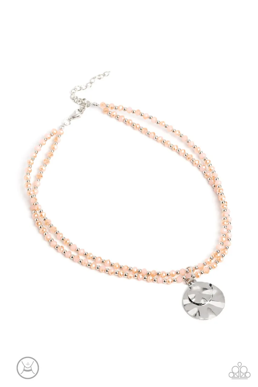 Compacted Cosmos - Pink - Faceted Bead Hammered Silver Disc Paparazzi Choker Necklace