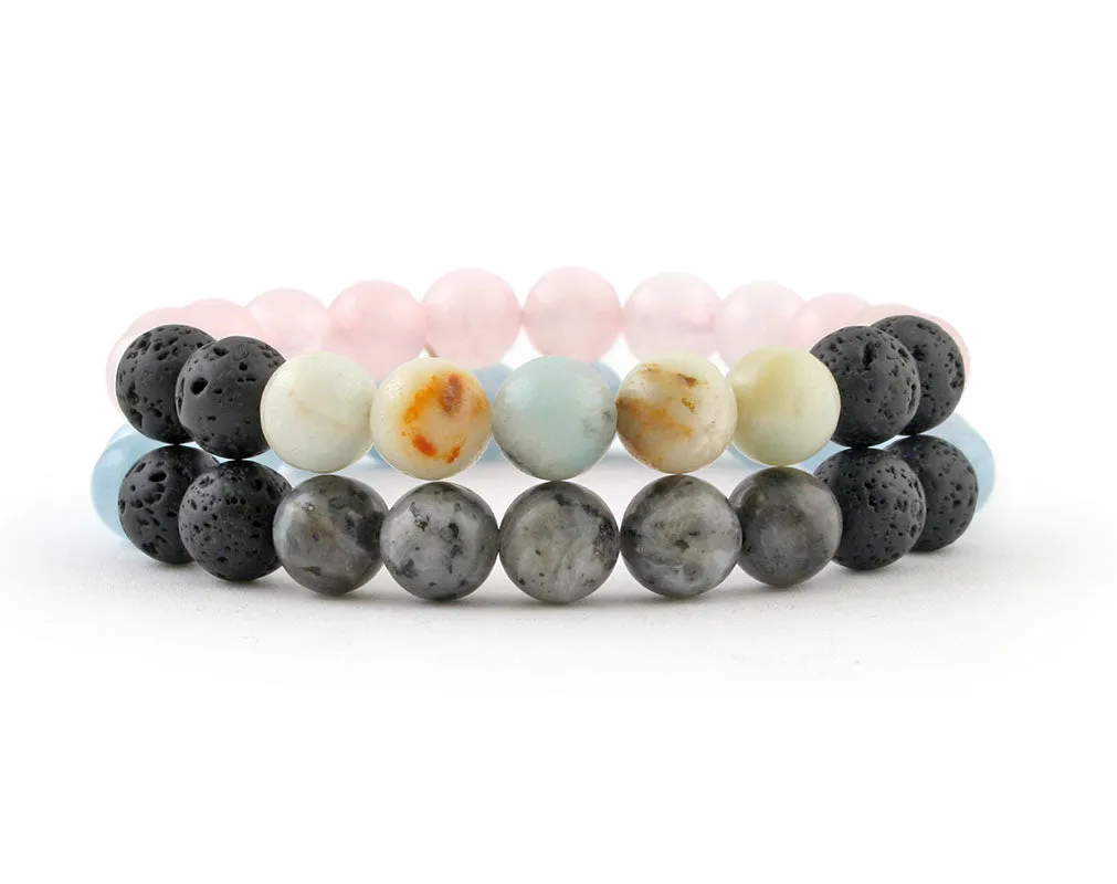 Couples bracelets with rose quartz, labradorite, aquamarine and black lava beads