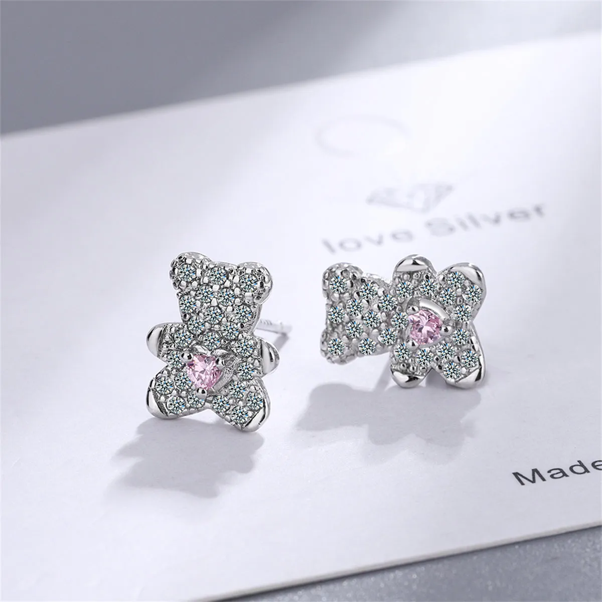 Crystal & Cubic Zirconia Heart Bear Stud Earrings