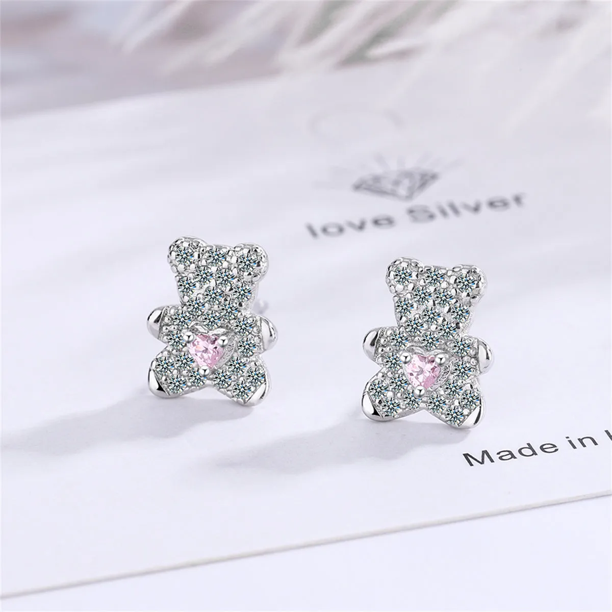 Crystal & Cubic Zirconia Heart Bear Stud Earrings
