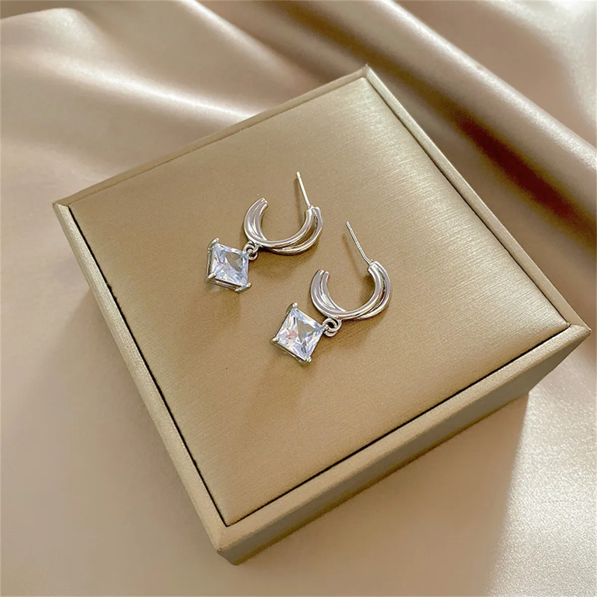 Crystal & Silver-Plated Twisted Square Huggie Earrings