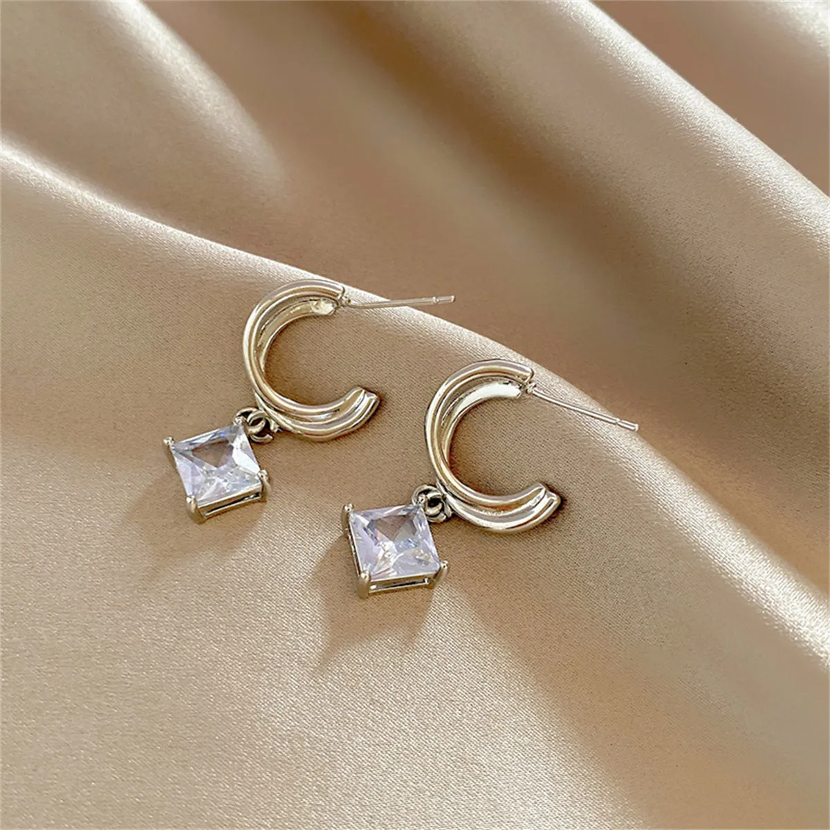 Crystal & Silver-Plated Twisted Square Huggie Earrings