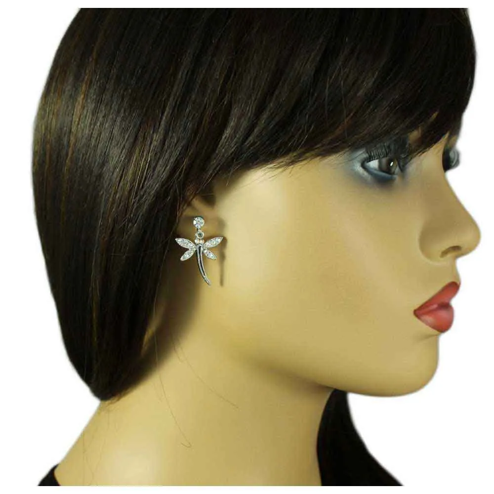 Crystal and Black Dangling Dragonfly Pierced Earring - REC764