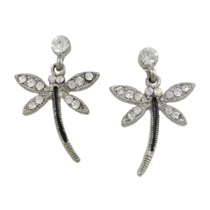 Crystal and Black Dangling Dragonfly Pierced Earring - REC764