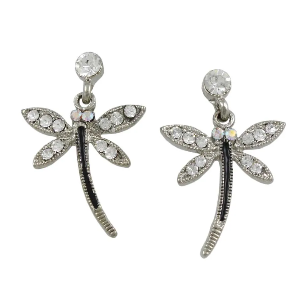 Crystal and Black Dangling Dragonfly Pierced Earring - REC764