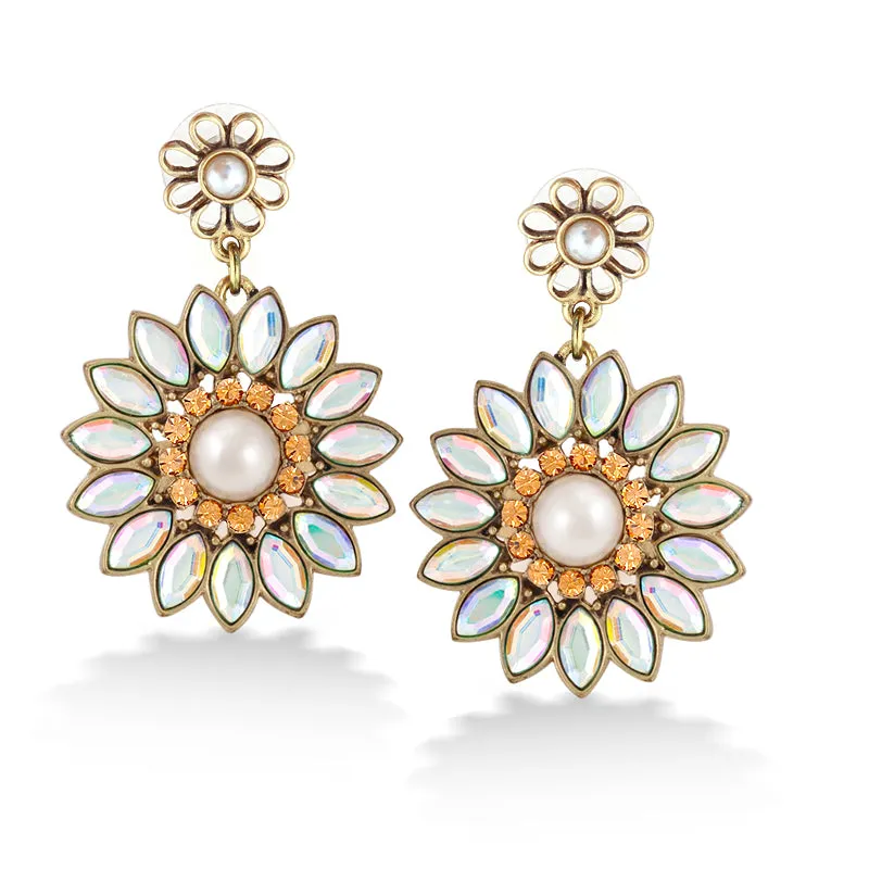 CRYSTAL AND PEARL FLOWER DROP EARRINGS #246NT3501 (10F2/9A6)