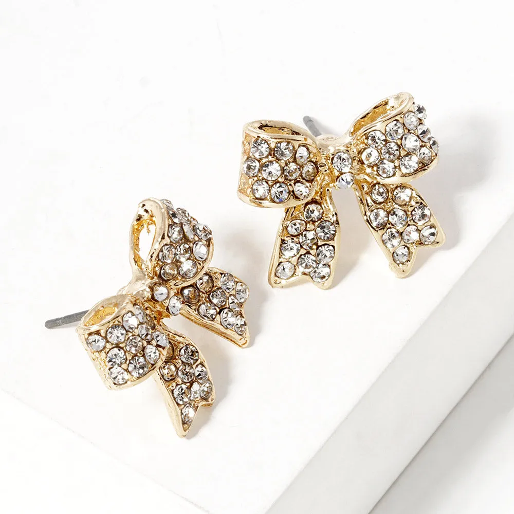 Crystal Cear on Gold Rhinestone Bow Stud Earrings | 124733