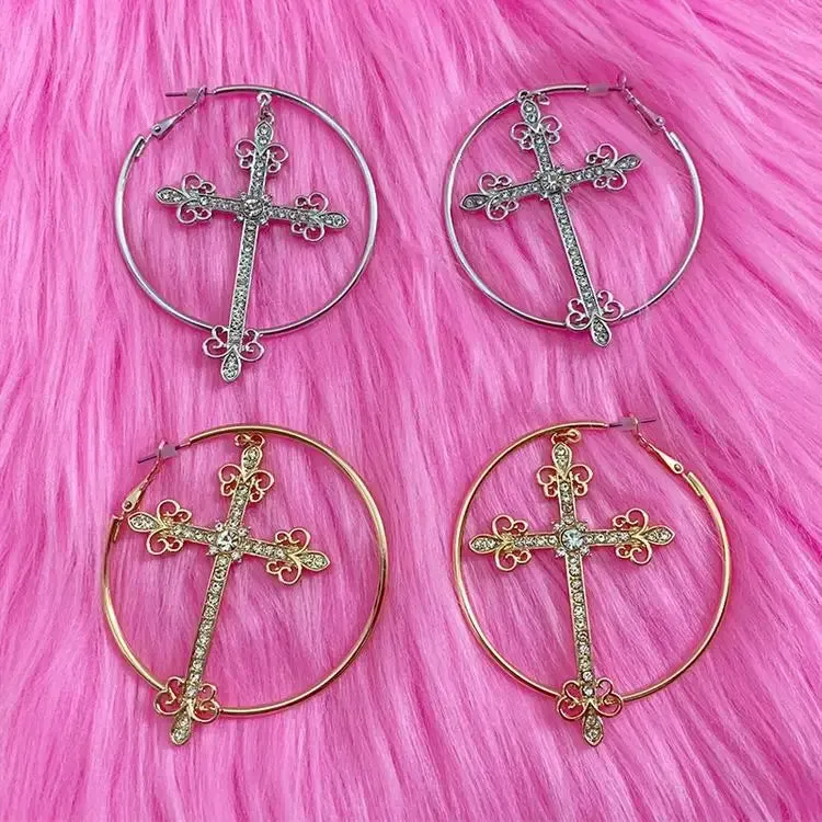 Crystal Cross Hoop Earrings for Y2K Aesthetic Flair